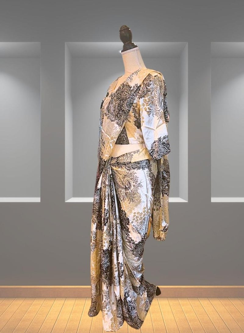 Elegant Beige And Black Floral Satin Designer Saree  - Image 3