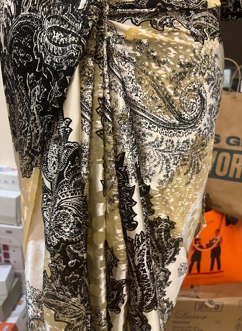 Elegant Beige And Black Floral Satin Designer Saree  - Image 4
