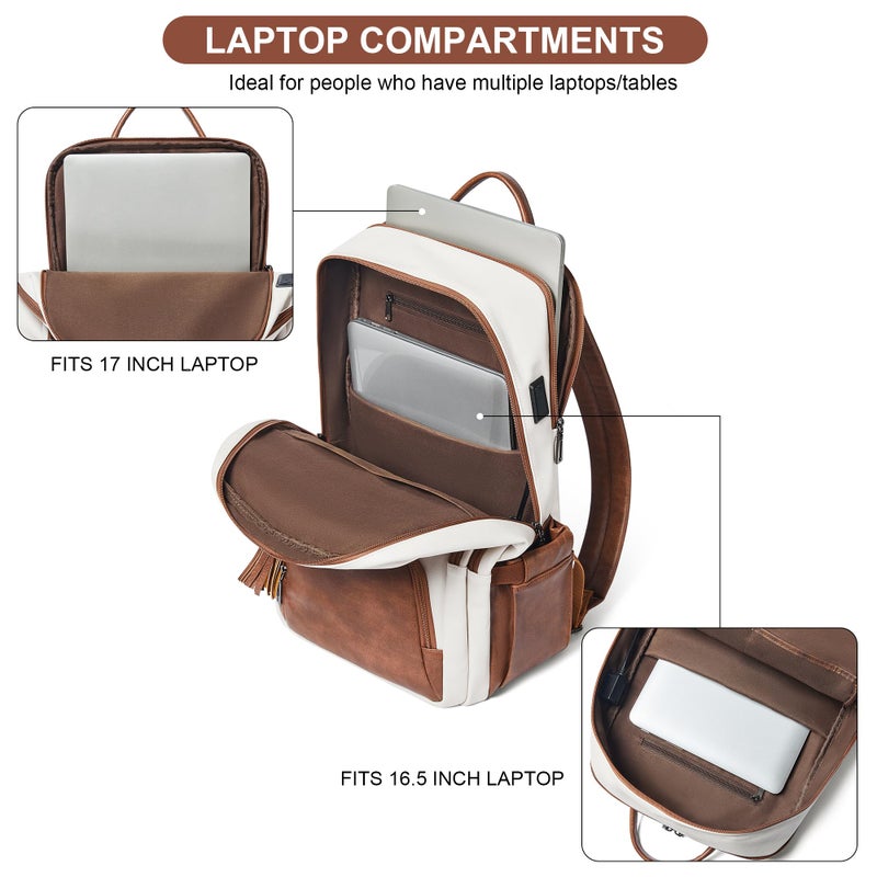 Shrrie 17 Inch Laptop Backpack for Women,Vegan Leather Backpack Purse,28L Work Business College Travel Computer Backpacks with Pouch Pocket for Large Capacity Cup & USB Charger,Beige with Brown - Image 5