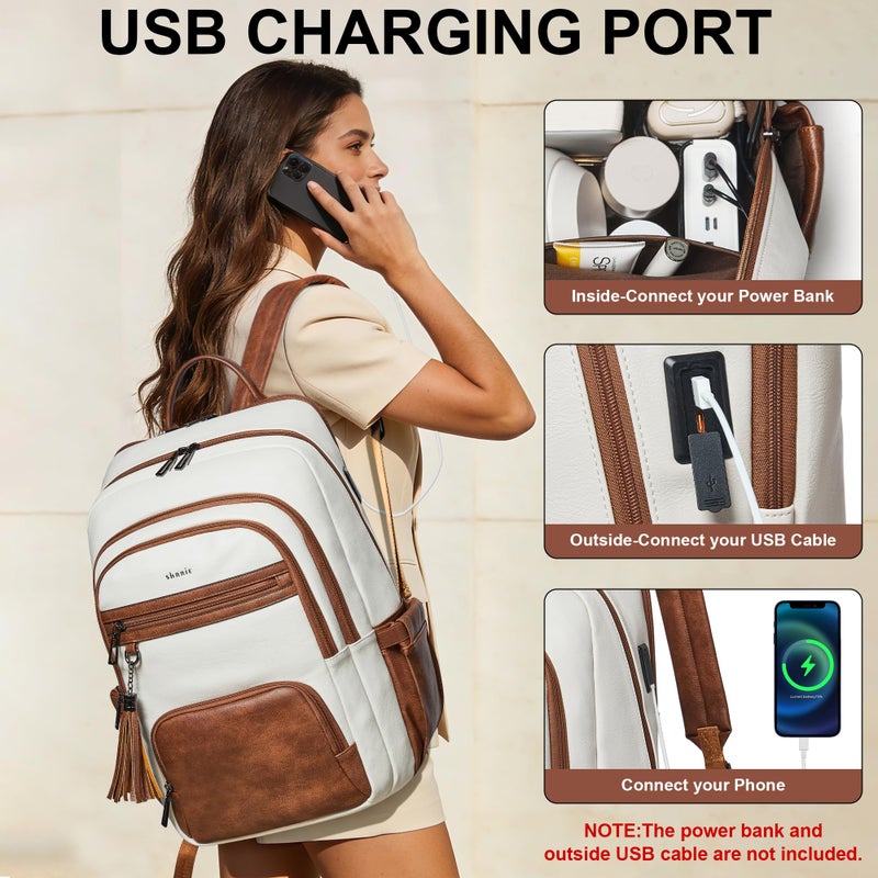 Shrrie 17 Inch Laptop Backpack for Women,Vegan Leather Backpack Purse,28L Work Business College Travel Computer Backpacks with Pouch Pocket for Large Capacity Cup & USB Charger,Beige with Brown - Image 4