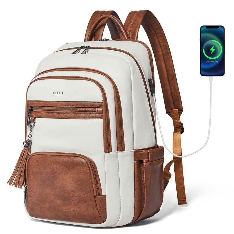 Shrrie 17 Inch Laptop Backpack for Women,Vegan Leather Backpack Purse,28L Work Business College Travel Computer Backpacks with Pouch Pocket for Large Capacity Cup & USB Charger,Beige with Brown - Image 1