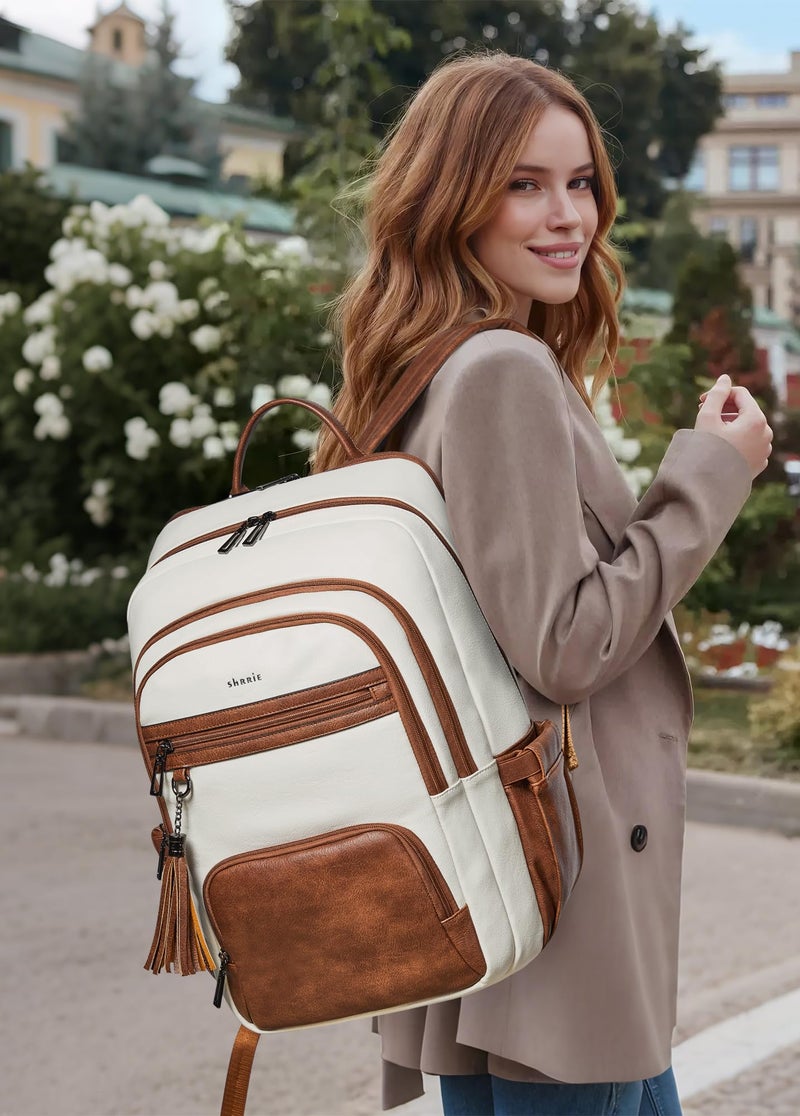 Shrrie 17 Inch Laptop Backpack for Women,Vegan Leather Backpack Purse,28L Work Business College Travel Computer Backpacks with Pouch Pocket for Large Capacity Cup & USB Charger,Beige with Brown - Image 2