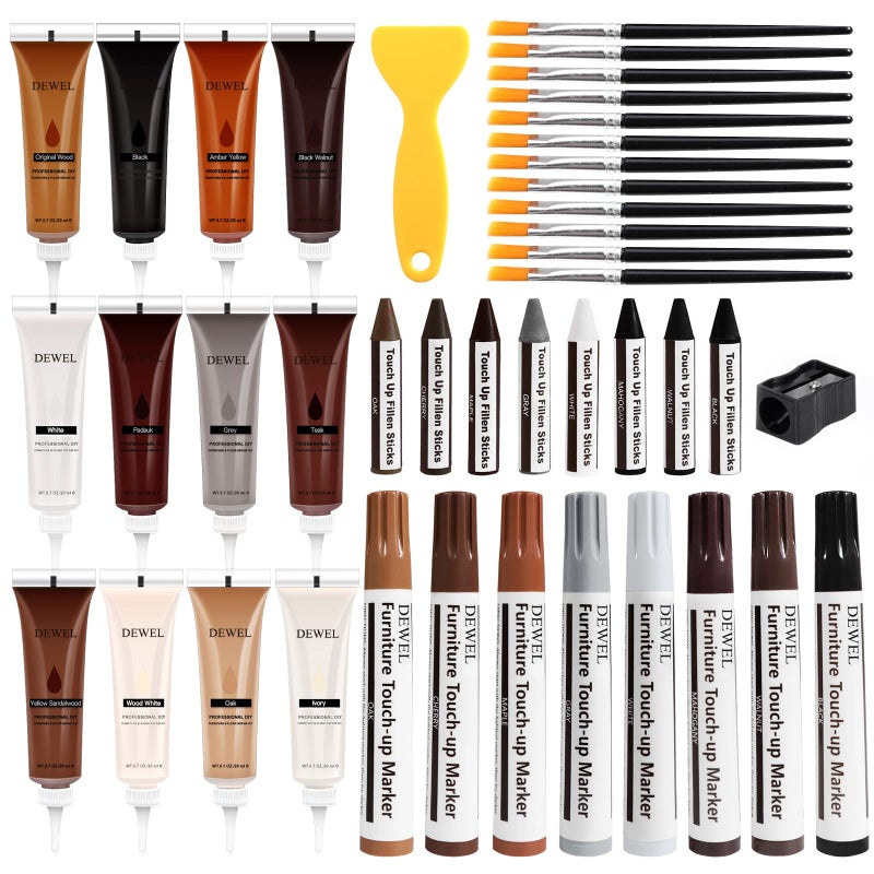 DEWEL Wood Furniture Repair Kit Upgrade Wood Filler Furniture Touch Up Markers with Wax Sticks 42 Pcs Floor Touch Up kit for Scratches Cracks Hole Laminate Table Bedposts