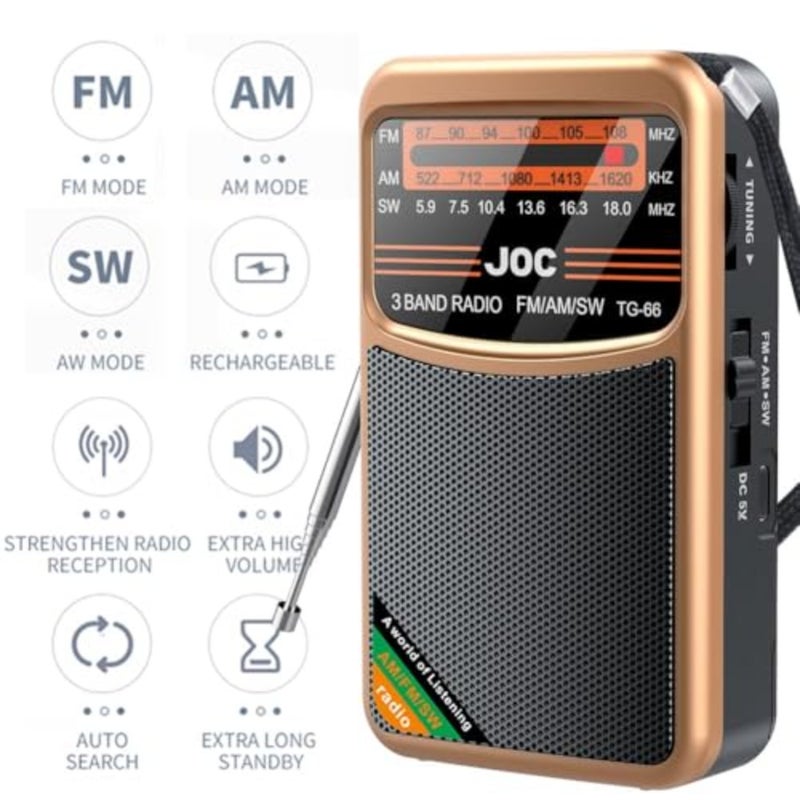 Portable Radio FM AM SW, Battery Operated, Best Reception, Speaker Radios Rechargeable With HD Display Screen, 3.5 MM Earphone Jack, Suitable For Indoor, Outdoor And Emergency Use Gold - Image 2