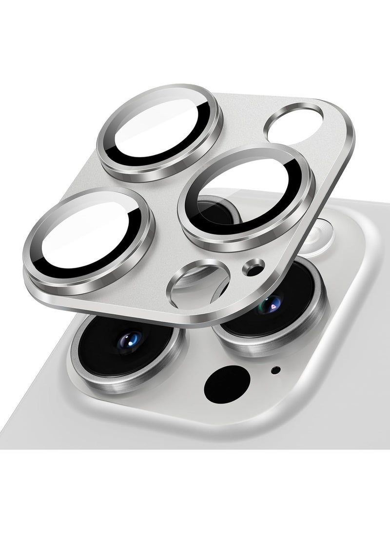 حامي عدسة الكاميرا لجهاز آيفون 15 برو 6.1 بوصة وآيفون 15 برو ماكس 6.7 بوصة، تغطية كاملة من زجاج مقسى 9H، غطاء حلقة، لوحة معدنية غير لامعة، متوافق مع الجرابات، عبوة واحدة (أبيض) - Image 1