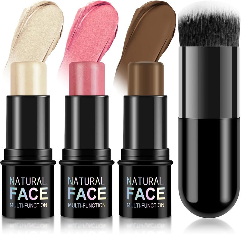 LOPHE 3Pcs Cream Contour Stick Waterproof Contouring Highlighter Blush Makeup Kit with Brush Long Lasting Blendable for Face Sculpting All Skin Tones