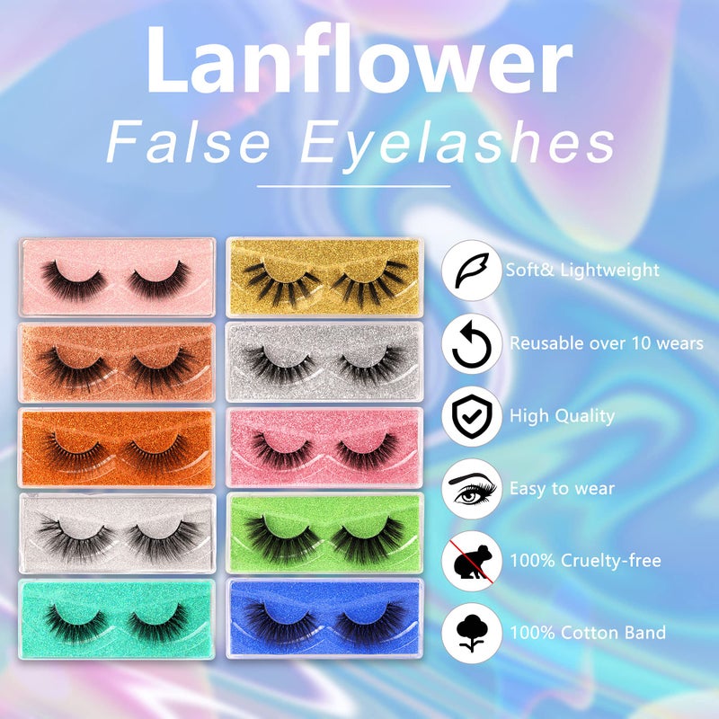 Lanflower Lashes False Eyelashes Natural Look 3D Faux Mink Eyelashes Pack 10 Styles Russian Strip Lashes - Image 2
