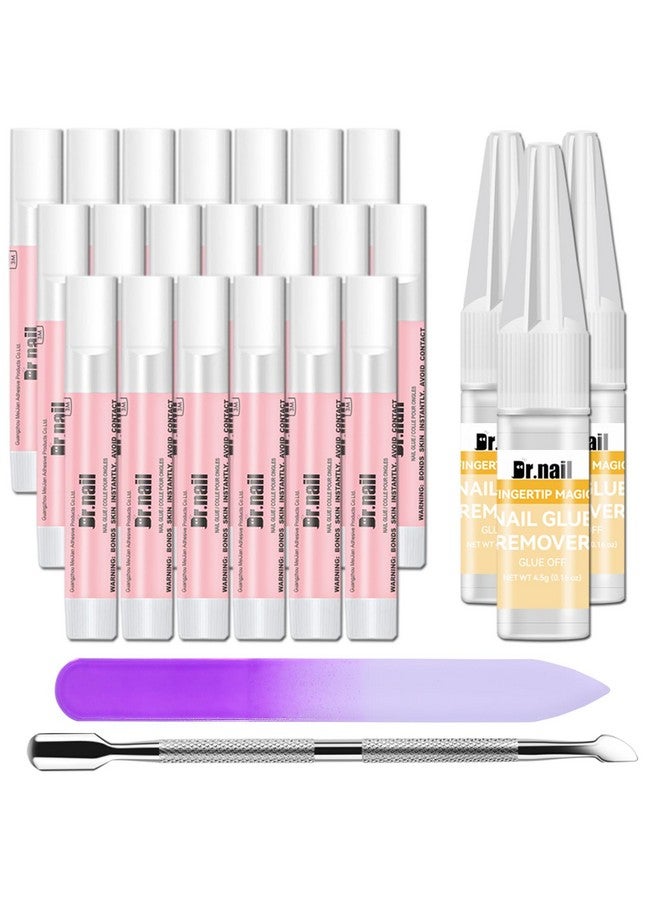 Dr.nail 20Pcs Super Strong Nail Glue For Acrylic Nails Press On Nails & Nail Tips - Fake Nail Adhesive And 3Pcs Nail Gule Remover Set Includes Cuticle Pusher And Nail File - Image 1