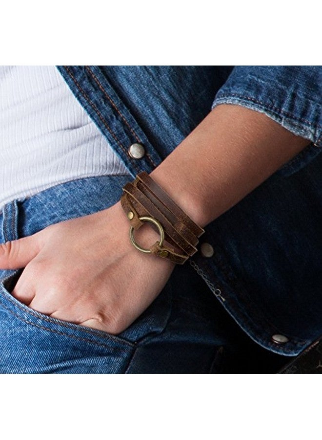 SPUNKYsoul Boho Handmade 5 Wrap Cuff Genuine Leather Antique Gold Circle Adjustable Western Weathered Rustic Bohemian Multilayer Bracelet Jewelry Gift For Women (Brown) - Image 2