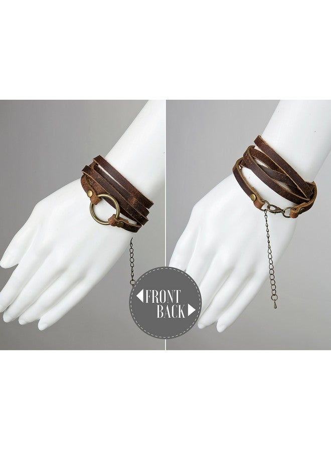 SPUNKYsoul Boho Handmade 5 Wrap Cuff Genuine Leather Antique Gold Circle Adjustable Western Weathered Rustic Bohemian Multilayer Bracelet Jewelry Gift For Women (Brown) - Image 3