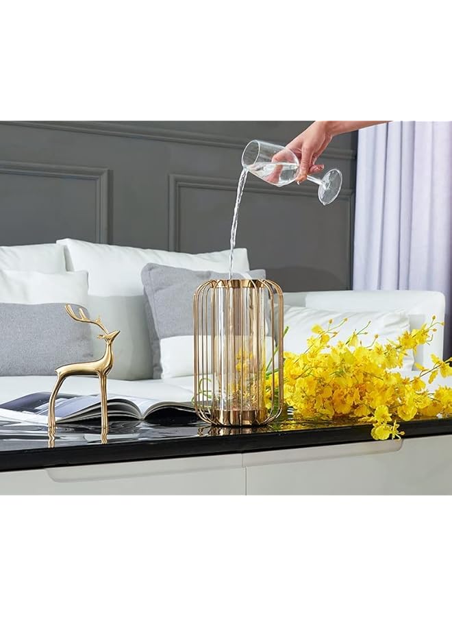 The Bros مزهرية زهور زجاجية مع قاعدة معدنية، مزهرية زخرفية هندسية ذهبية عصرية، للزهور الاصطناعية، النباتات المائية لتزيين الطاولة في المنزل والمكتب وحفلات الزفاف والعطلات والأعياد (كبيرة) - Image 5