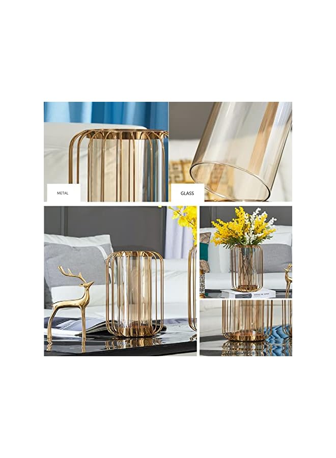 The Bros مزهرية زهور زجاجية مع قاعدة معدنية، مزهرية زخرفية هندسية ذهبية عصرية، للزهور الاصطناعية، النباتات المائية لتزيين الطاولة في المنزل والمكتب وحفلات الزفاف والعطلات والأعياد (كبيرة) - Image 3