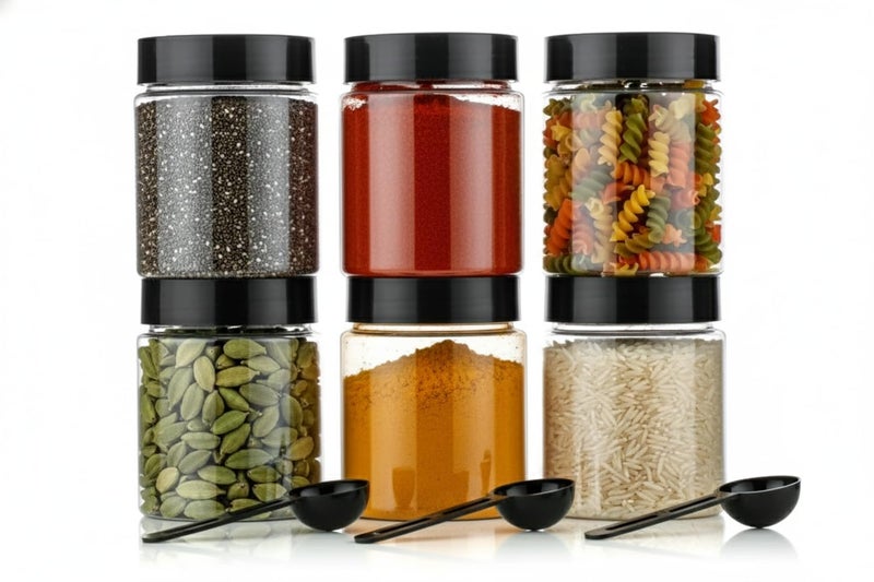 Stewit® Multipurpose Unbreakable Plastic Transparent Storage Containers for Kitchen Airtight Masala Box Dabba Spice, Cereal, Dry Fruits Spice Box 250 Ml Round with Spoons (Set of 6 Pcs) - Image 4