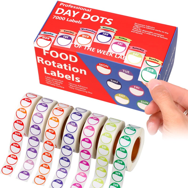 SKLENICE 7000pcs Days of The Week Stickers Colored Dot Food Labels Removable Date Labels with Dispenser Box for Food Containers Restaurant Supplies - Image 1