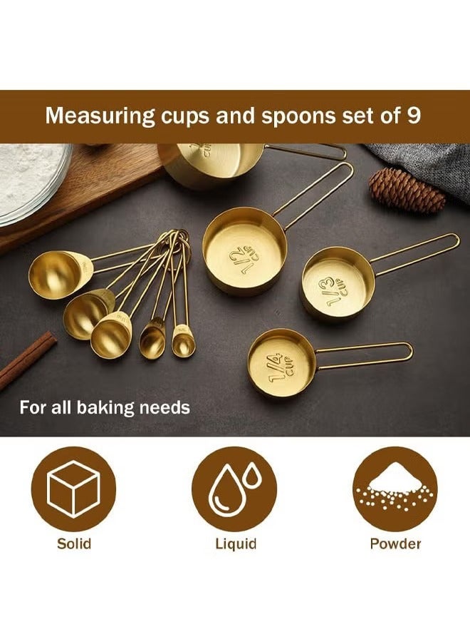 عربست طقم مكون من 9 أكواب وملاعق قياس من الفولاذ المقاوم للصدأ، طقم أكواب وملاعق قياس قابلة للتكديس أدوات طبخ للمطبخ مع قياس للمكونات الجافة والسائلة، ذهبي - Image 2