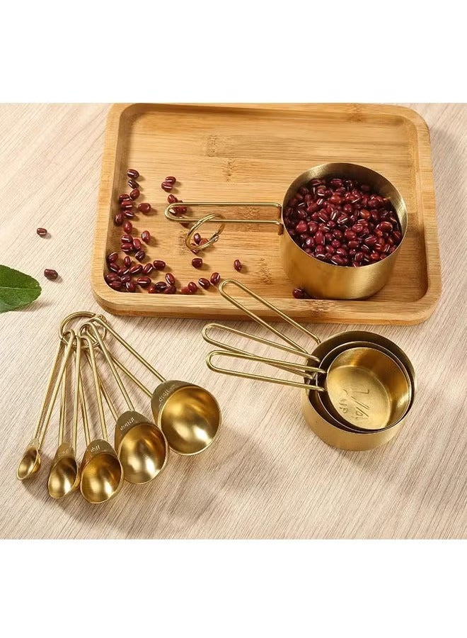 عربست طقم مكون من 9 أكواب وملاعق قياس من الفولاذ المقاوم للصدأ، طقم أكواب وملاعق قياس قابلة للتكديس أدوات طبخ للمطبخ مع قياس للمكونات الجافة والسائلة، ذهبي - Image 5