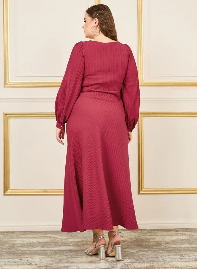 Styli Textured Bishop Sleeve Dress