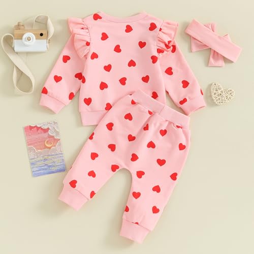 BeQeuewll Toddler Baby Girl Valentine's Day Outfit Matching Sets Long Sleeve Heart Sweatshirt Jogger Pants Headband 3Pcs (Full Heart-Pink, 0-6 Months) - Image 3