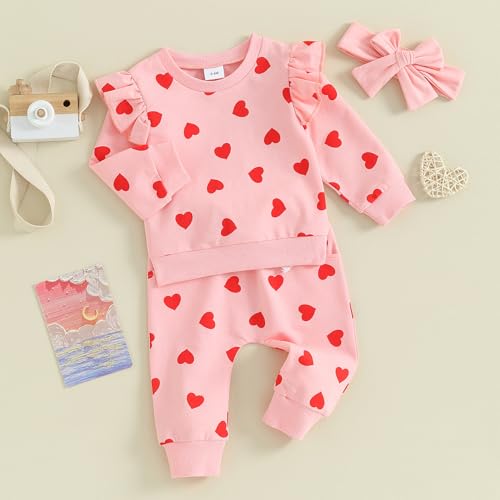 BeQeuewll Toddler Baby Girl Valentine's Day Outfit Matching Sets Long Sleeve Heart Sweatshirt Jogger Pants Headband 3Pcs (Full Heart-Pink, 0-6 Months) - Image 2