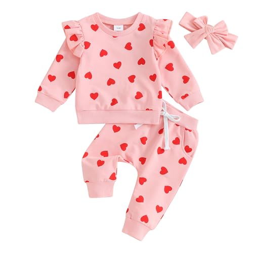 BeQeuewll Toddler Baby Girl Valentine's Day Outfit Matching Sets Long Sleeve Heart Sweatshirt Jogger Pants Headband 3Pcs (Full Heart-Pink, 0-6 Months) - Image 1