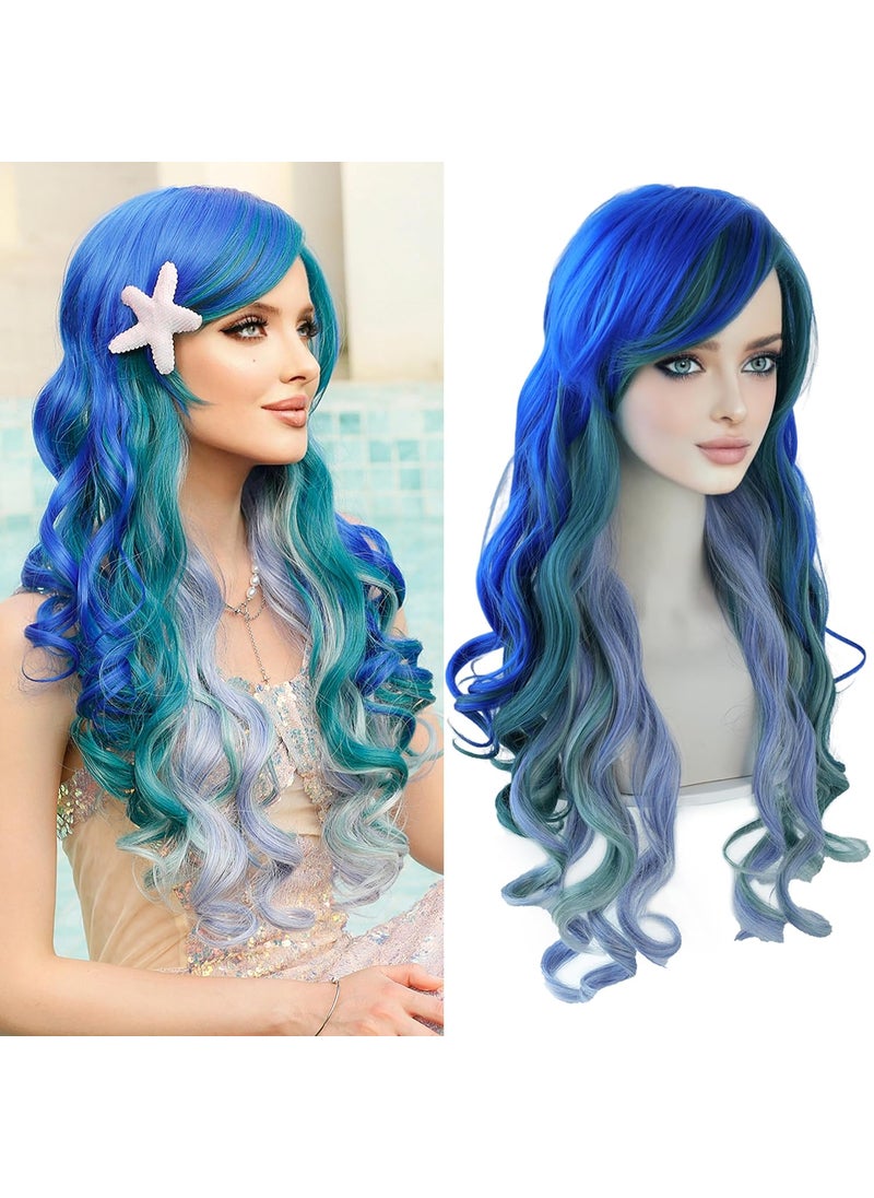 7JHH WIGS 7JHH WIGS Long Wavy Costume Wigs Cosplay Mermaid wig for Women Halloween Party Used High Temperature Heat Resistant Fiber Natural Hairline Cos I Love Lucy Wig 28in Blue Purple Mermaid Ombre Wig 