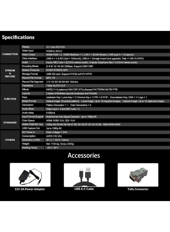 AVMATRIX S4 Plus 4-Channel Video Switcher with 10.1 Inch FHD Display, 2xHDMI 2xSDI Inputs, SD Card USB Recording, LAN Control for Live Streaming and Broadcasting - Image 3