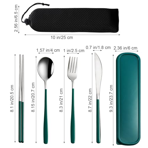 VANRA 4Piece Portable Travel Utensils Set with Case 188 Stainless Steel Flatware Set Reusable Cutlery Set with Fork Spoon Knife Chopstick for Lunch Travel Camping School Work Picnic Deep Green - Image 3