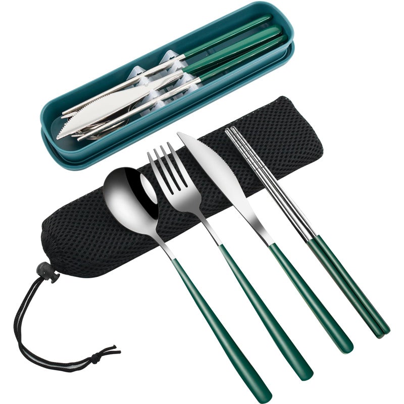 VANRA 4Piece Portable Travel Utensils Set with Case 188 Stainless Steel Flatware Set Reusable Cutlery Set with Fork Spoon Knife Chopstick for Lunch Travel Camping School Work Picnic Deep Green - Image 2