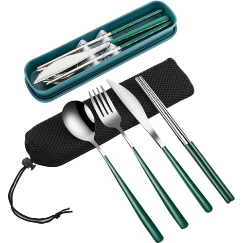 VANRA 4Piece Portable Travel Utensils Set with Case 188 Stainless Steel Flatware Set Reusable Cutlery Set with Fork Spoon Knife Chopstick for Lunch Travel Camping School Work Picnic Deep Green - Image 1