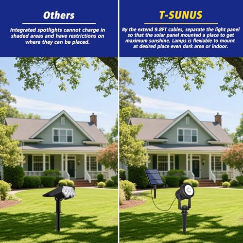 T-SUNUS أضواء المناظر الطبيعية الشمسية T-SUNUS لعيد الميلاد، ضوء حديقة دافئ أبيض 2 واط، كابل خارجي بطول 9.8 قدم، مقاوم للماء IP65، ضوء أمان موجه 2 في 1 لشجرة العلم، بركة، جراج، سطح، فناء، جدار، فناء خلفي، هالوين - Image 2