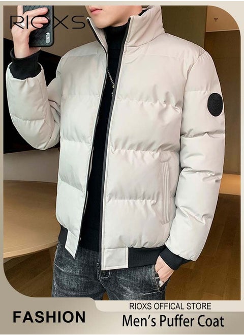 Men's Casual Winter Down Cotton Jacket Warm & Lightweight Puffer Coat with Standing Collar and Slim Fit Windproof Outdoor Jacket with Zip