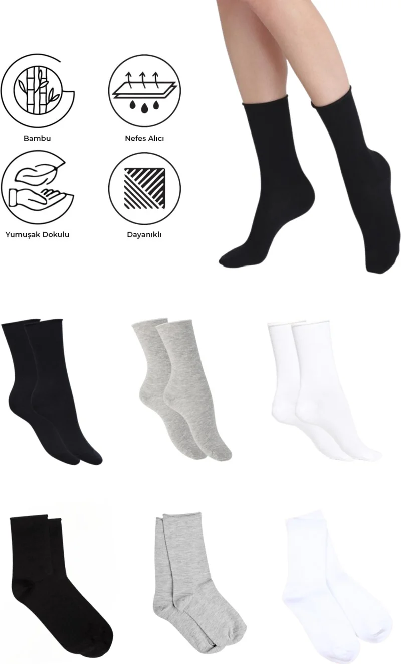 Saysez Bamboo Women's Rubberless Black-White-Grey Melange Socket Seamless Premium Socks 3 Pack / Leave No Mark-No Squeezing Socks