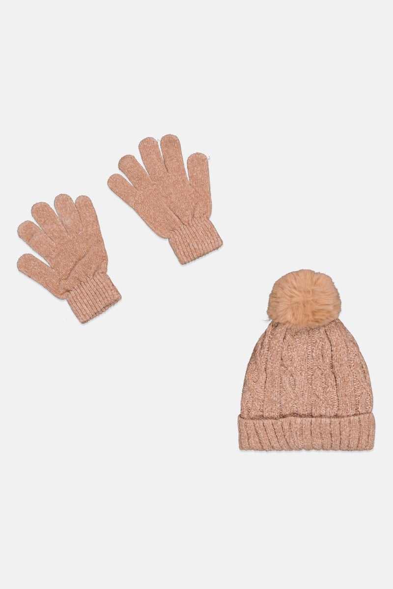 Laundry by Shelli Segal Women 2Pcs Cable Knit Beanie And Gloves Set, Tan  - Image 2