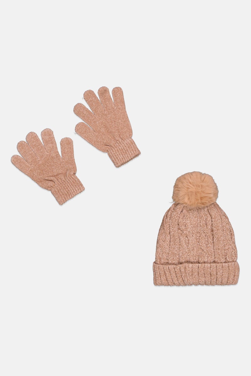 Laundry by Shelli Segal Women 2Pcs Cable Knit Beanie And Gloves Set, Tan  - Image 1