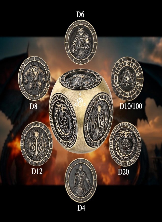 DND DADO DND Fingertip Dice Spinner, Polyhedral Rotating Game Dice, Metal Dice Set with 3D Pattern for DND Gifts with Dragon Logo Gift Box, Role Playing Board Game Accessories, Bronze - Image 4