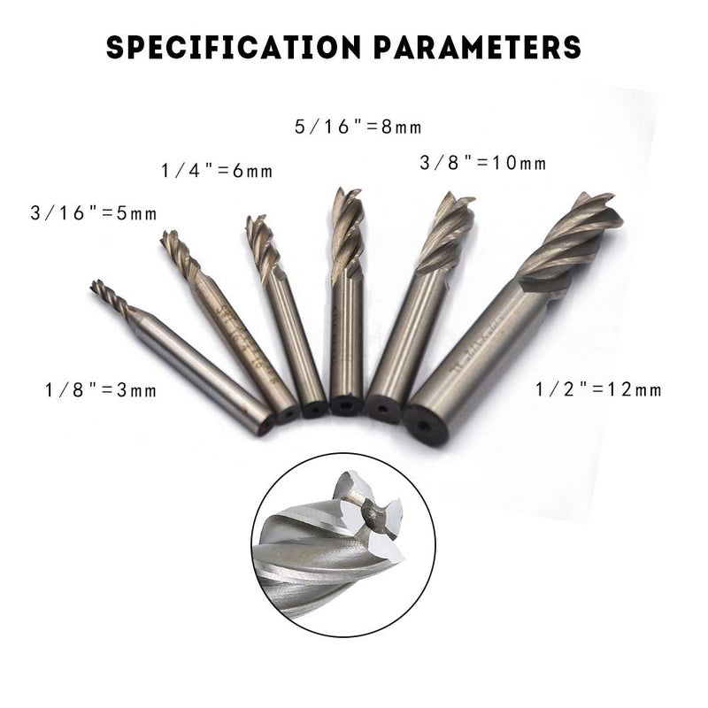 Oudtinx 1/8" 3/16" 1/4" 5/16" 3/8" 1/2" high Speed Steel HSS 4 Flute Straight End Mill Cutter Set of 6 - Image 3