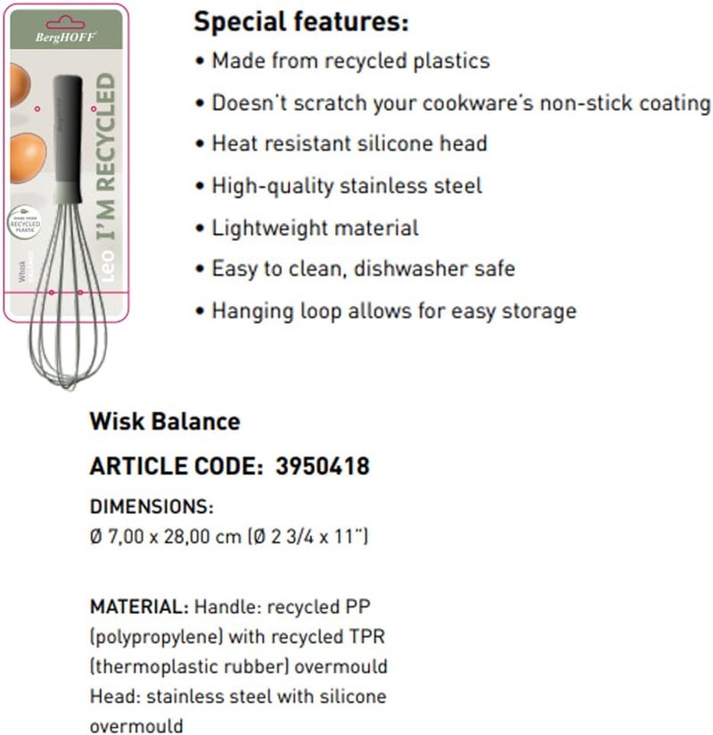 BergHOFF Balance Stainless Steel Whisk 11" for Kitchen with This Silicone Whisk, Made with Recycled Plastic, Easy to Use & Durable, Heat Resistant & Diswasher Safe - Image 4