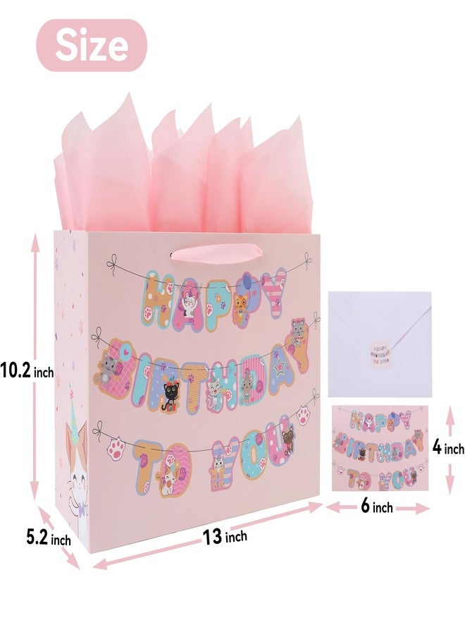 wishinside 13” Large Cat Happy Birthday Gift Bag Set with Handles, Greeting Card, Pink Tissue Papers and Stickers for Girls Kids Teens Women, Kitty-themed Banner Design, 1 Pcs - Image 2