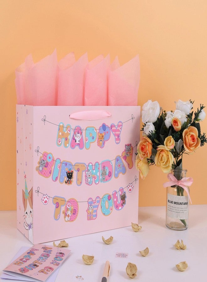 wishinside 13” Large Cat Happy Birthday Gift Bag Set with Handles, Greeting Card, Pink Tissue Papers and Stickers for Girls Kids Teens Women, Kitty-themed Banner Design, 1 Pcs - Image 5