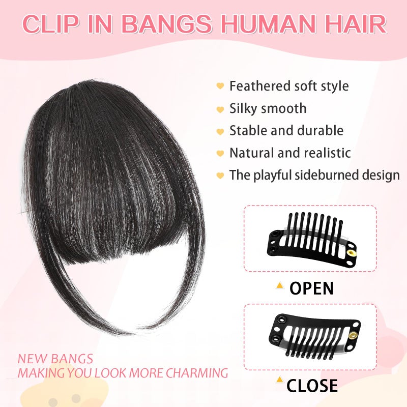 Cesomeey Clip in Bangs 100% Real Human Hair, Wispy Bangs Hair Clip, Fake Bang Fringe with Temples Hairpieces for Women Daily Wear (Natural Black, Wispy Bangs) - Image 4
