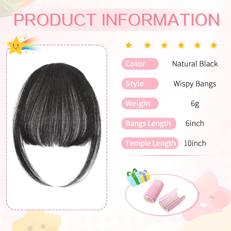 Cesomeey Clip in Bangs 100% Real Human Hair, Wispy Bangs Hair Clip, Fake Bang Fringe with Temples Hairpieces for Women Daily Wear (Natural Black, Wispy Bangs) - Image 2