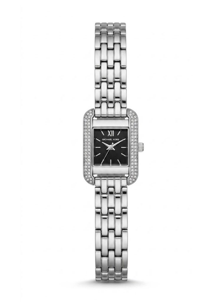 Michael Women's Emery Square Analog Watch -  Silver Stainless Steel, Crystal Pave Bezel, Black Dial