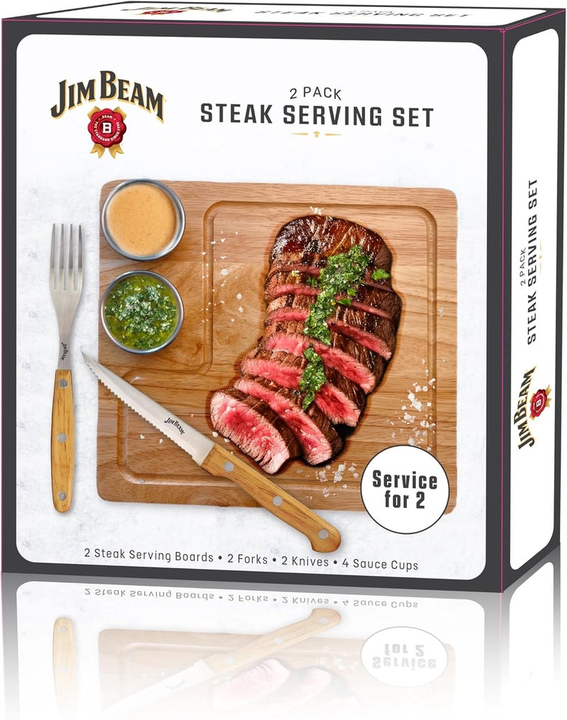 Jim Beam طقم تقديم شرائح اللحم 2 عبوة - ألواح تقديم مصنوعة من الخشب الصناعي المتين، مع أخاديد لتجميع السوائل، وأقدام مضادة للانزلاق، خدمة لشخصين، تشمل الشوك والسكاكين وأكواب الصلصة، حجم اللوح 10" × 9" × 0.4" - Image 3