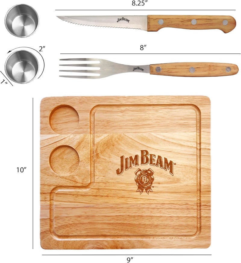 Jim Beam طقم تقديم شرائح اللحم 2 عبوة - ألواح تقديم مصنوعة من الخشب الصناعي المتين، مع أخاديد لتجميع السوائل، وأقدام مضادة للانزلاق، خدمة لشخصين، تشمل الشوك والسكاكين وأكواب الصلصة، حجم اللوح 10" × 9" × 0.4" - Image 5
