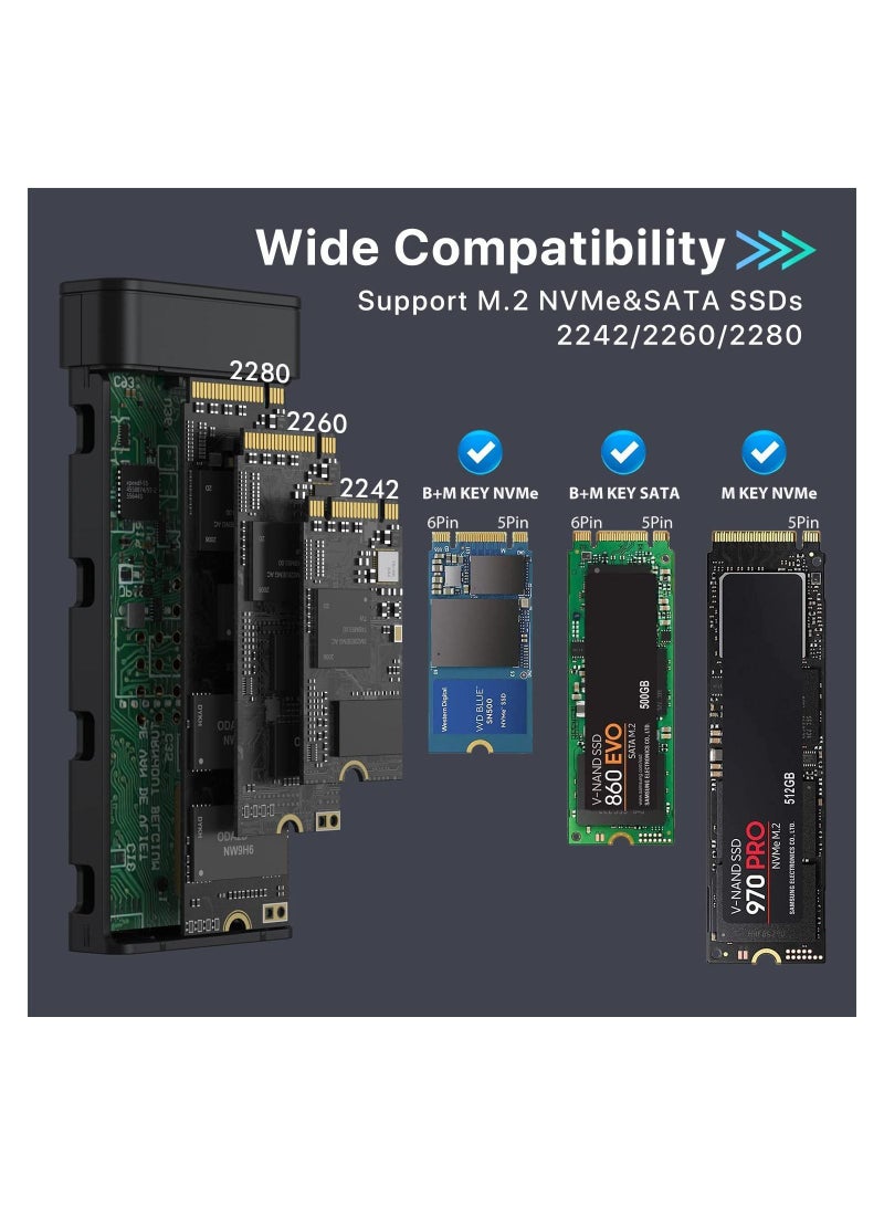 KASTWAVE M.2 NVME SATA SSD Enclosure Adapter Reader, with Cooling Fan, Tool-Free USB C 3.1 Gen 2,10 Gbps NVME, 6Gbps SATA,Chips RTL9210B External Solid State Drive for PCIe 2280, 2260, 2242 M Key - Image 5
