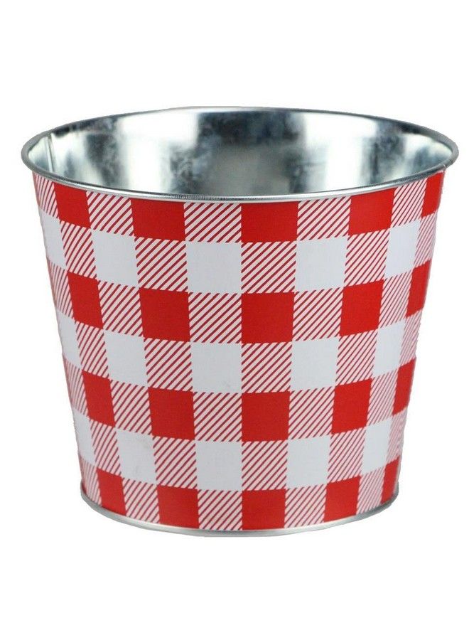 GiftWrap Etc. Red White Plaid Tin Pot 6.75" Diameter 5.5" Tall Summer Gift Basket Decoration Gingham Flower Pot Garden Decor Festive Succulent Pot Candle Holder Spring - Image 2
