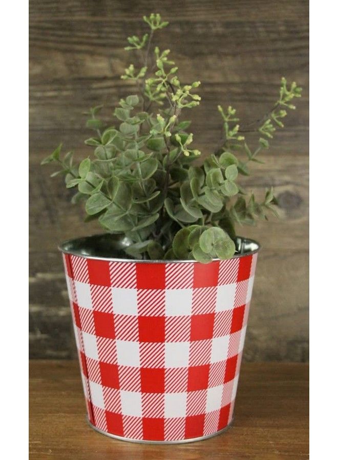 GiftWrap Etc. Red White Plaid Tin Pot 6.75" Diameter 5.5" Tall Summer Gift Basket Decoration Gingham Flower Pot Garden Decor Festive Succulent Pot Candle Holder Spring - Image 3