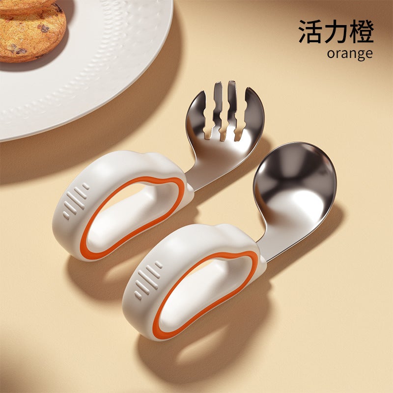 2024 new baby spoon learning to eat training newborn baby self-eating children silicone stainless steel fork spoonStainless steel fork spoon-vitality Orange (opp bag packaging) Stainless steel fork spoon-vitality Orange (opp bag packaging) 