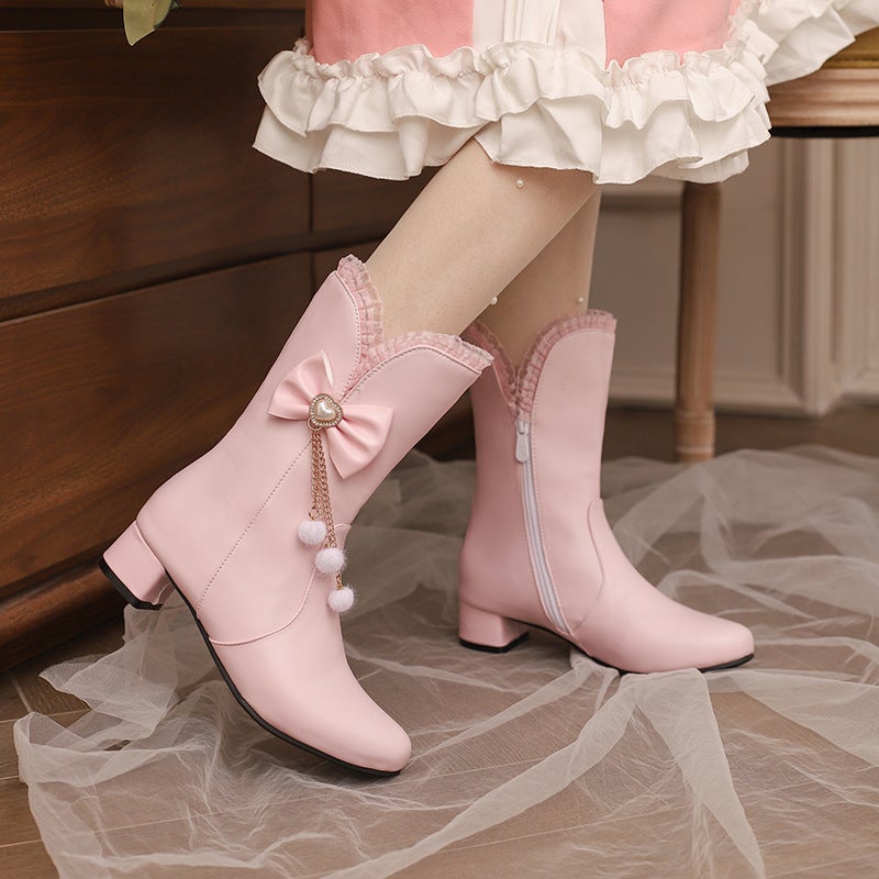 2024 Winter Low Heel Sweet Bow 28-43 Size Lace Middle And Big Children Low Boots - Image 5