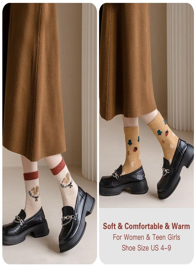 مار جون سيب جوارب صوفية من مارجونسيب لفصل الخريف للنساء والفتيات المراهقات، جوارب سميكة محبوكة بنمط عتيق لطيف مزينة بالزهور، جوارب شتوية دافئة للمشي لمسافات طويلة (مقاس أمريكي، ألفا، مقاس واحد، عادي، عادي، 5 أزواج، بنقشة سنجاب الخريف والجوز) - Image 4